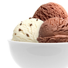 Chocolate and vanilla ice cream scoops with chocolate chips in bowl isolated on white background
