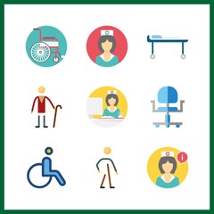 9 nursing icon. Vector illustration nursing set. wheelchair and walker icons for nursing works