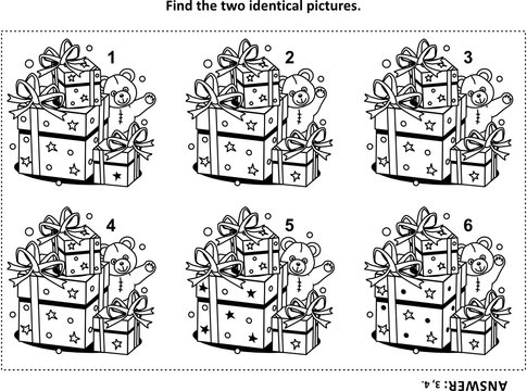 IQ training find the two identical pictures with presents and teddy bear visual puzzle and coloring page. Answer included.
