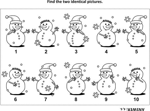 IQ training find the two identical pictures with snowman visual puzzle and coloring page. Answer included.
