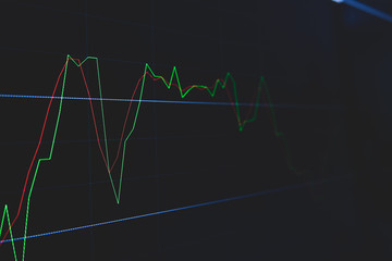 Stock market trading graph and candlestick chart on screen for businese financial investment concept. Economy trends background. Abstract finance and invest background.
