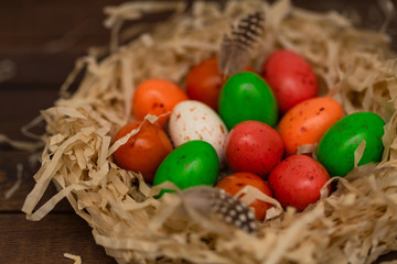Colorful Easter egg in the nest on wood background. Top view with copy space