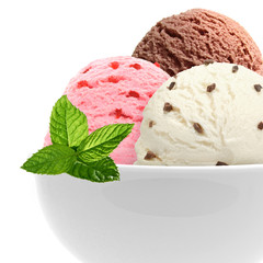 Vanilla, strawberry and chocolate ice cream scoops in bowl isolated on white background