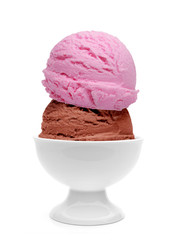 Strawberry and chocolate ice cream scoops in bowl isolated on white background