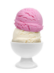 Strawberry and vanilla ice cream scoops in bowl isolated on white background
