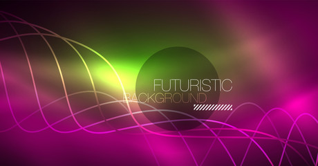 Abstract shiny glowinng color wave design element on dark background - science or technology concept