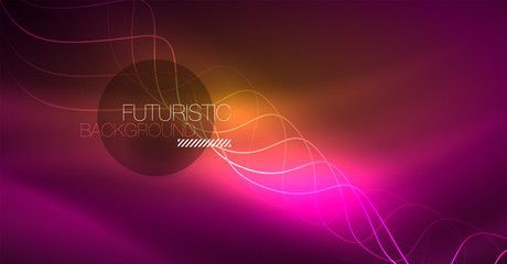 Abstract shiny glowinng color wave design element on dark background - science or technology concept