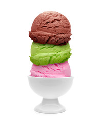 strawberry, chocolate, mint Ice cream scoops in bowl isolated on white background