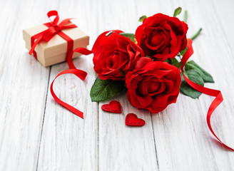 Valentine gift box and roses bouquet