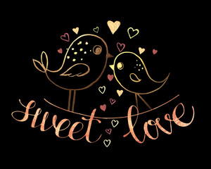 Watercolor handwritten lettering on a black background: sweet love hello you me happy Valentine day
