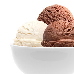 Chocolate and vanilla ice cream scoops in bowl isolated on white background