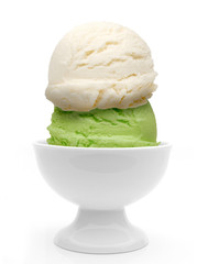 Vanilla and pistachio, green tea or mint ice cream scoops in bowl isolated on white background.