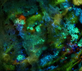 Fototapeta na wymiar Abstract watercolor background with colorful paint stains and drops. Hand drawn traditional illustration. Creative liquid wallpaper. Cosmic nebula abstraction in dark colors with glow effect.