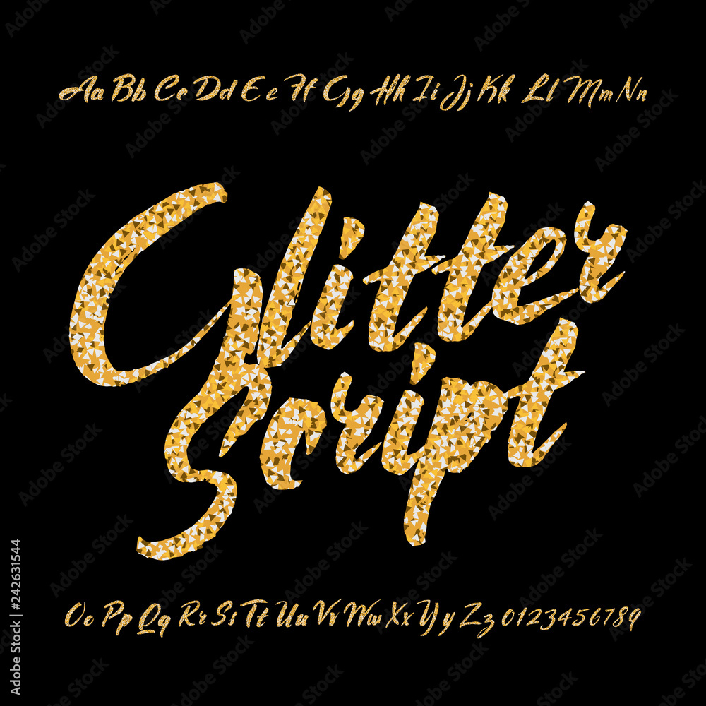 Fototapete golden glitter alphabet font. handwritten uppercase and lowercase letters and numbers. glamour vecto