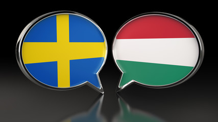 Sweden and Hungary flags with Speech Bubbles. 3D illustration