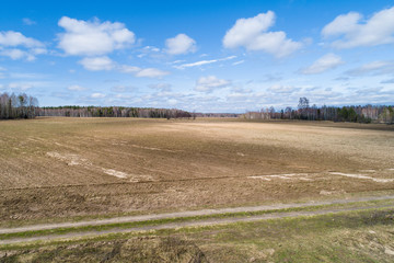 spring, plowed field, road, sky, forests