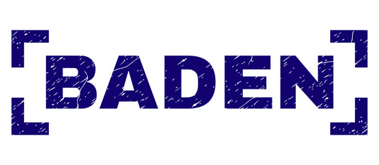 BADEN text seal print with corroded effect. Text title is placed between corners. Blue vector rubber print of BADEN with retro texture.