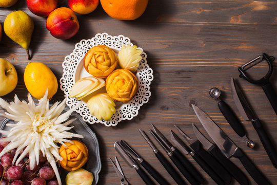Chinese fruit carving, flat lay hands do it