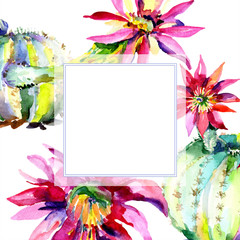 Green cactus. Floral botanical flower. Frame border ornament square. Watercolor background illustration set.