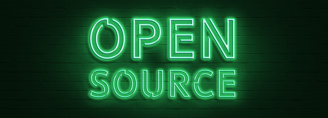 Vintage Glow Signboard with Open Source Inscription. Shiny Neon Light Style Lettering. Inscription on Green Brick Wall. 3D Rendering