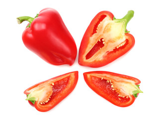 sliced sweet bell peppers isolated on white background. top view