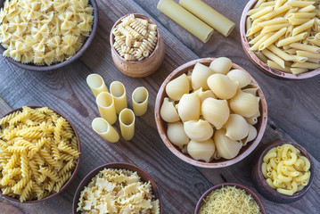 Various types of pasta on the white background