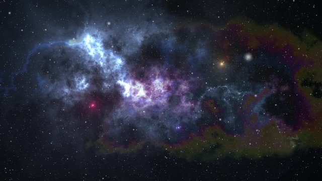 Space flight through nebula. Space travel. Space animation background with purple nebula, many stars.