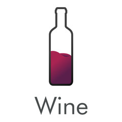 Logotipo abstracto con texto Wine con botella de vino lineal gris con líquido en color morado