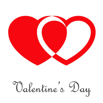 Logotipo abstracto con texto Valentine's Day con dos corazones unidos con espacio negativo en rojo