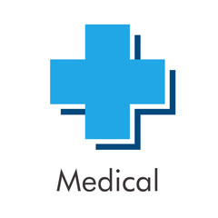 Logotipo abstracto con texto Medical con cruz azul con sombra lineal