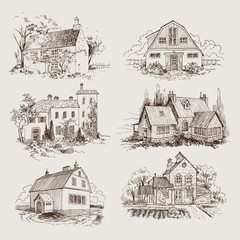 Set of Rural landscape with old farmhouse and garden, Hand drawn illustration in vintage style