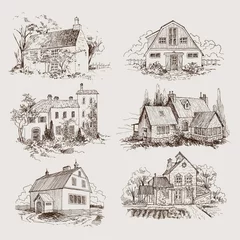 Set of Rural landscape with old farmhouse and garden, Hand drawn illustration in vintage style © valeriyabtsk