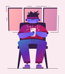 Man hold smartphone. Cartoon vector illustration. Character design