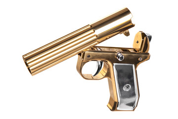 Gold signal flare gun isolated on white