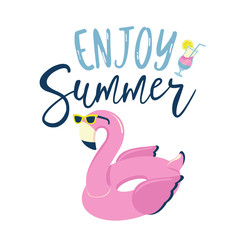 Flamingo inflatable swimming pool ring in sunglasses label, logo, hand drawn tags and elements for summer holiday, travel, beach vacation, sun.