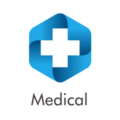 Logotipo abstracto Medical con cruz en espacio negativo en hexágono azul
