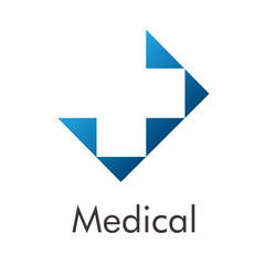 Logotipo abstracto con texto Medical con cruz en espacio negativo sobre cuadrado azul
