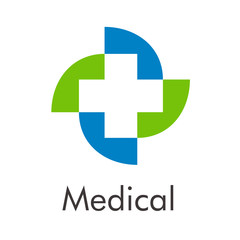 Obraz premium Logotipo abstracto con texto Medical con cruz en espacio negativo sobre curvas en azul y verde