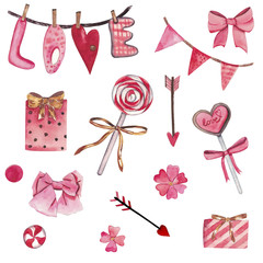 Handdrawn watercolor set of elements isolated on white background. Beautiful pink elements for St. Valentine's day