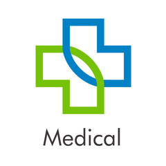 Logotipo abstracto con texto  Medical con cruz lineal en azul y verde