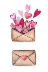 Watercolor love letters set: beautiful envelopes with hearts.