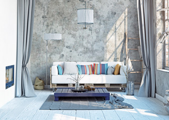modern attic interior design. 3d rendering concept