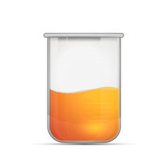 Glossy realistic chemical flask with bright orange experimental fluid on white
