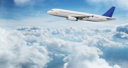 Naklejka na ściany i meble Commercial airplane jetliner flying above dramatic clouds.