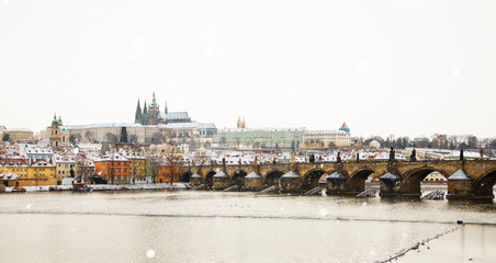 Prague Castle and Charles Bridge at winter, Czech Republic.