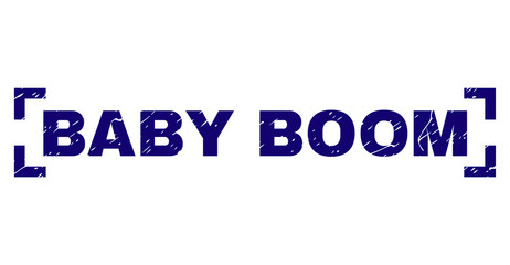 BABY BOOM text seal print with grunge effect. Text caption is placed between corners. Blue vector rubber print of BABY BOOM with unclean texture.
