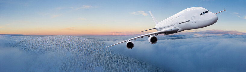 Fototapeta premium Ogromny dwupiętrowy pasażer komercyjnych samolotów latających nad dramatyczne chmury, zachód słońca.