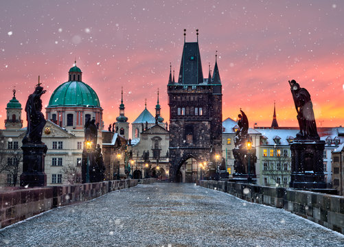 Famous Historic Charles Bridge In Winter Morning, Old Town Bridge Tower, Prague, Czech Republic.