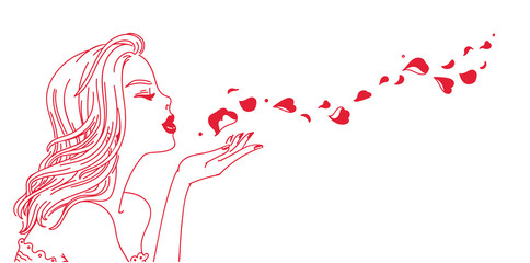 Beautiful woman blowing red rose petals, side view. Sexy female glamor convey the beauty of the girl. doodles of vector illustration hand drawn style.