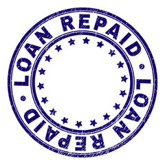 Fototapeta na wymiar LOAN REPAID stamp seal imprint with grunge texture. Designed with circles and stars. Blue vector rubber print of LOAN REPAID text with unclean texture.